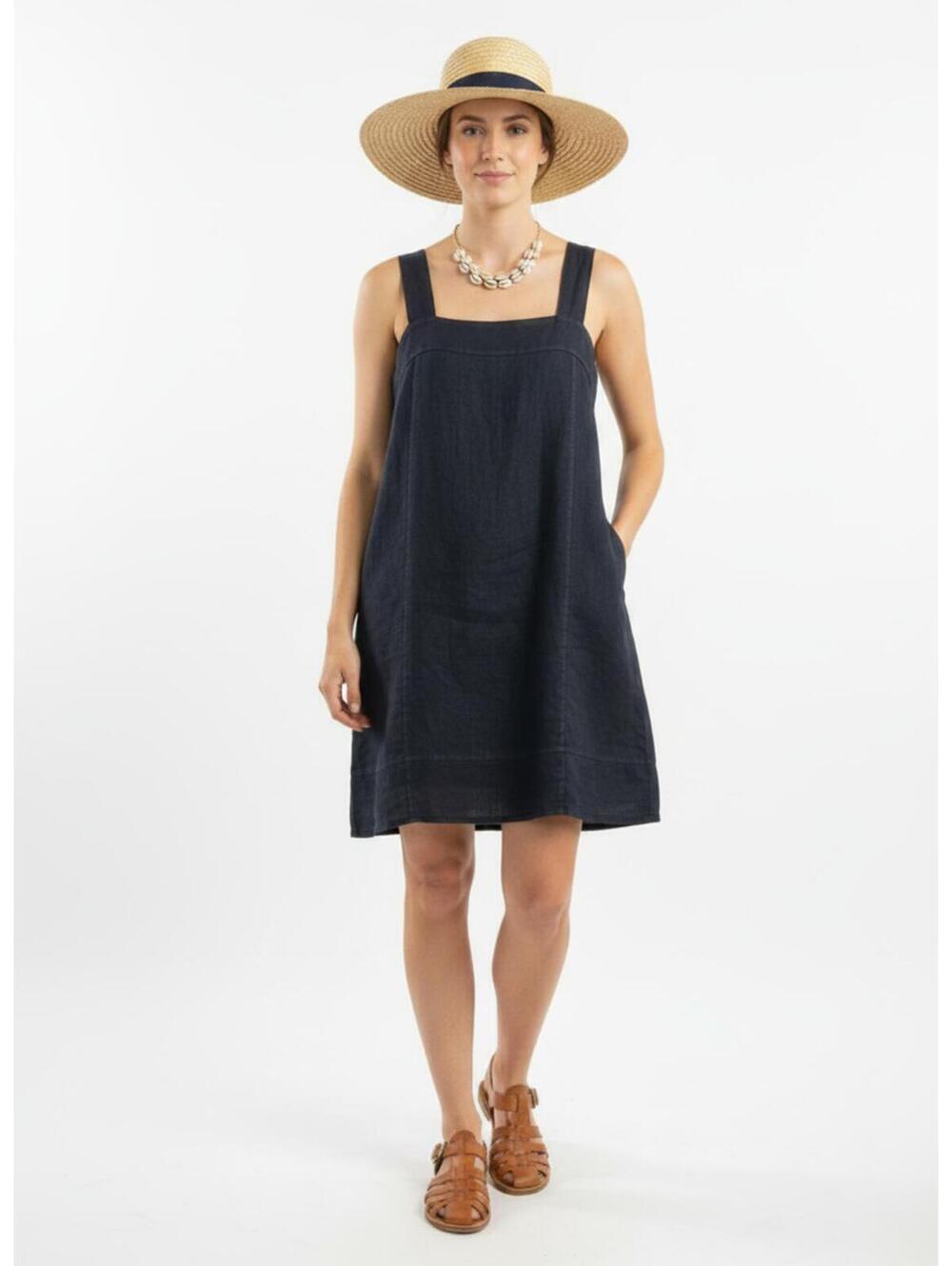 Francesca Bettini 100% Italian Linen Navy Tank Dress w/ Pockets Size Medium